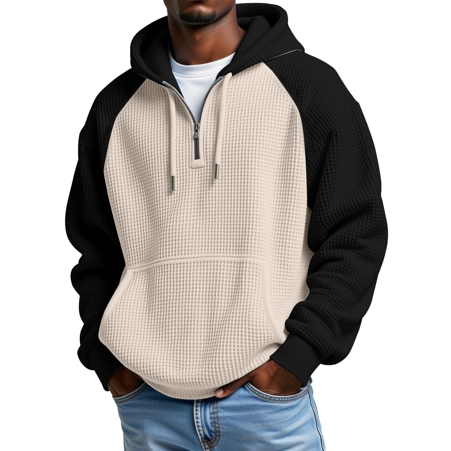 Color-block Waffle-knit Long-sleeve Hooded Jacket