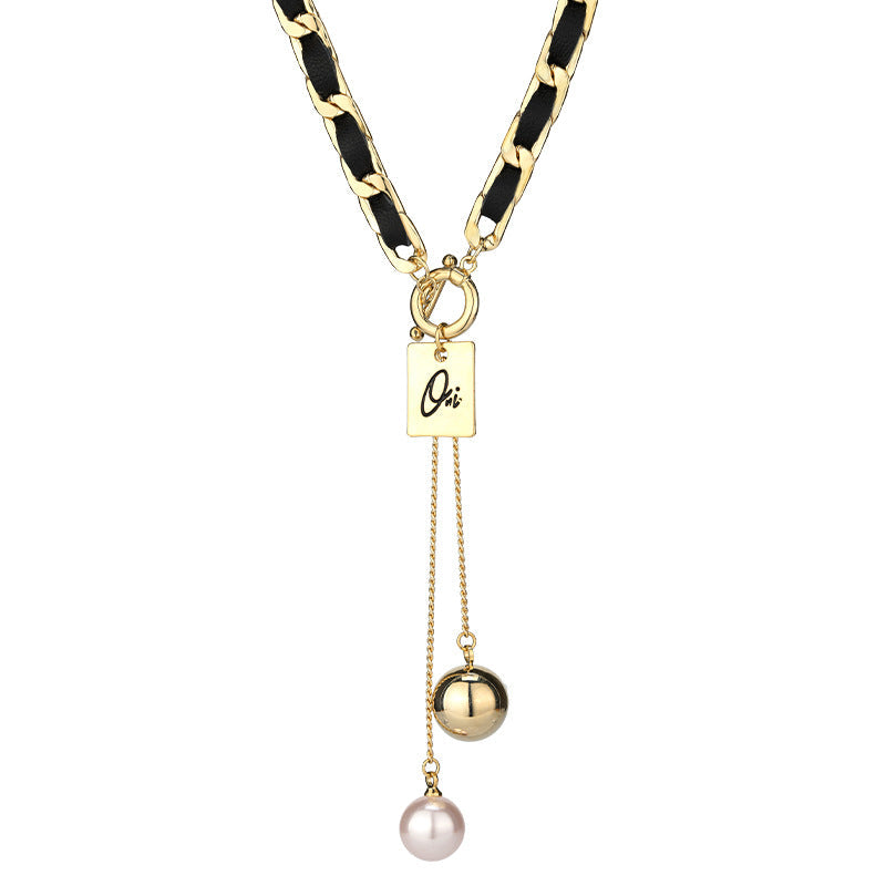 PU Leather Metal Chain Choker Necklace For Women, Titanium Steel Square Tag Pearl Tassel Short Collarbone Chain, Dainty Retro Fashion Jewelry