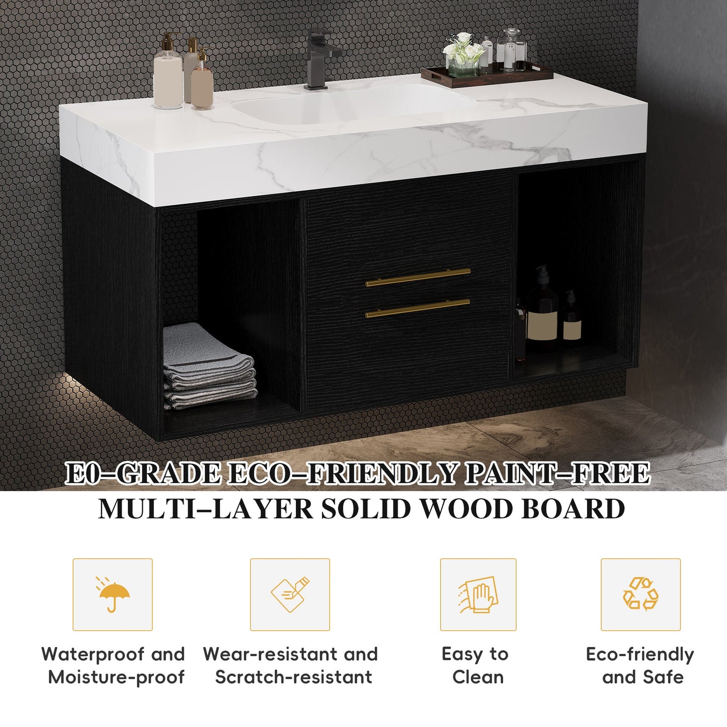 39.4' Floating Bathroom Vanity with Ceramic Sink, 2 Drawers and 2 Open Shelves