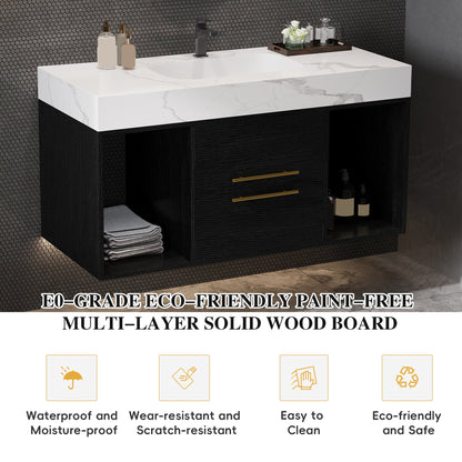 39.4' Floating Bathroom Vanity with Ceramic Sink, 2 Drawers and 2 Open Shelves
