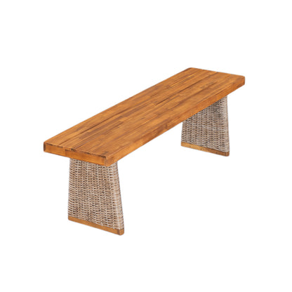 Outdoor Dining Set Acacia Wood Brown 3 Piece Table 2 Benches Rattan Legs