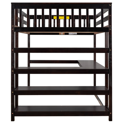 Espresso Full Size Loft Bed with Storage Shelves and Under-bed Desk, Solid Pi...