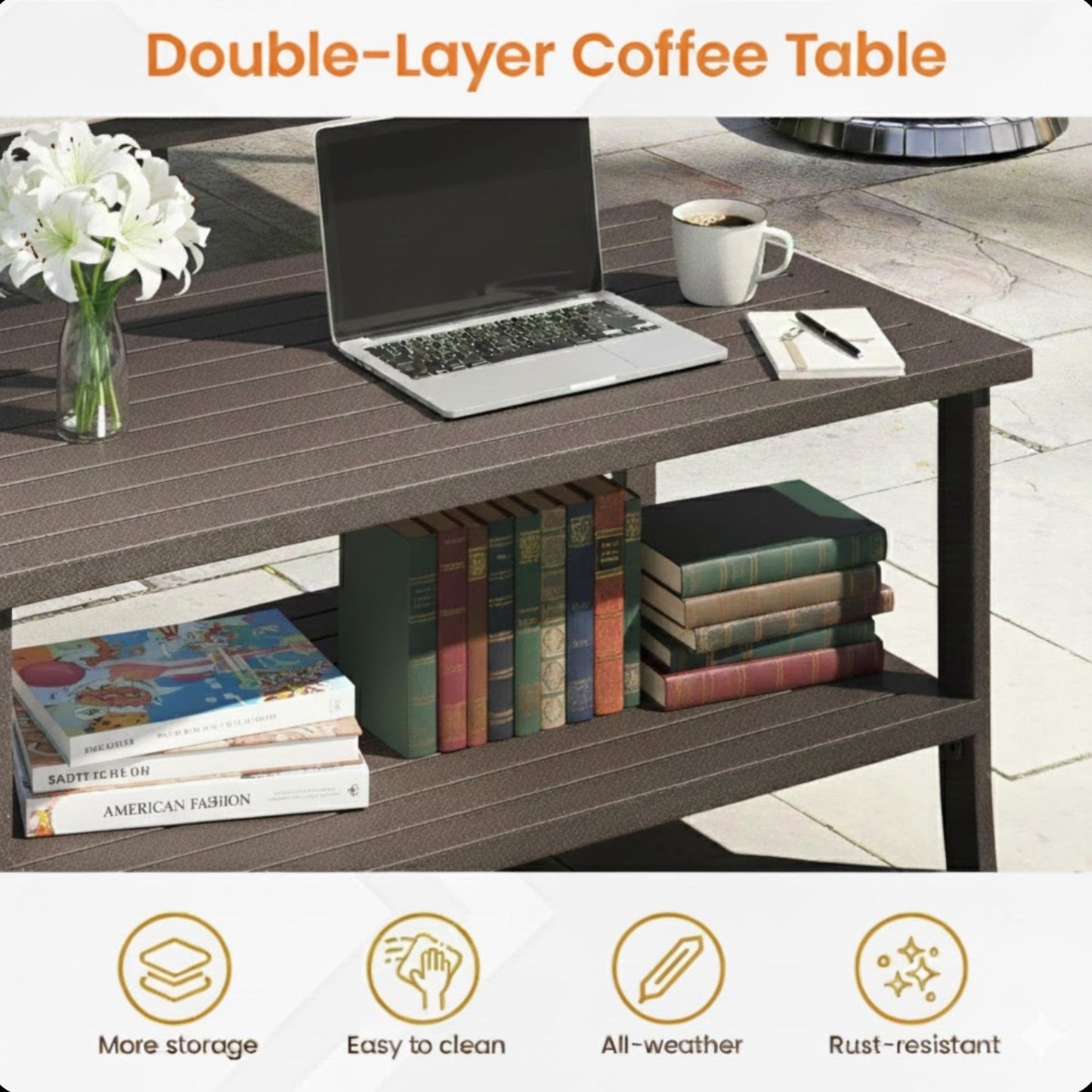 Outdoor Patio Set Steel Khaki 2 Piece 3 Seat Sofa 4 in Cushions Coffee Table