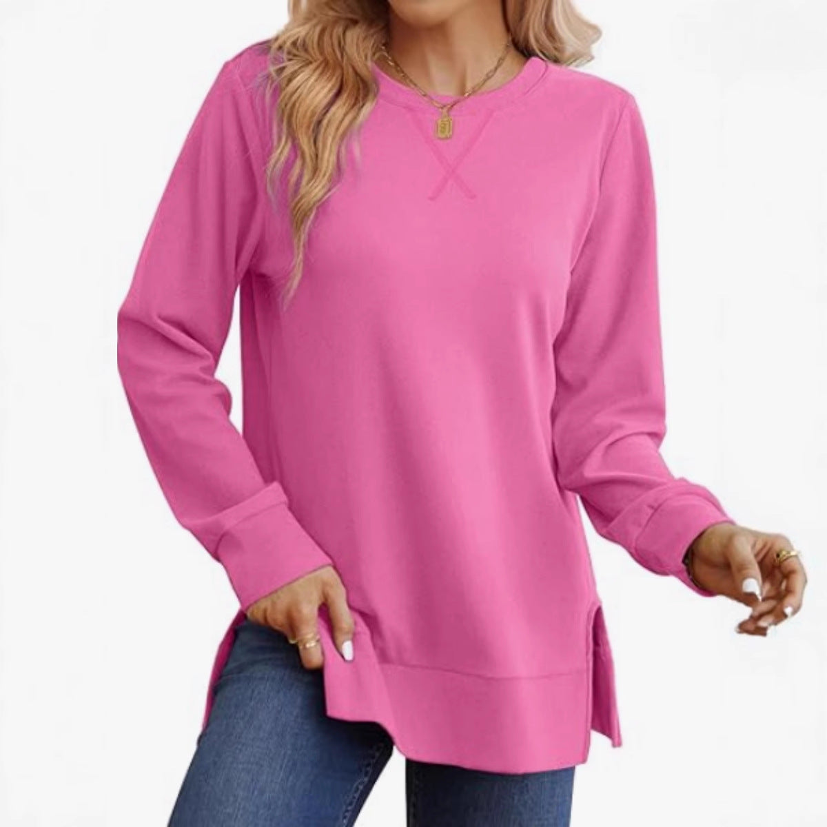 Womens Crew-Neck Long-Sleeve T-Shirt With Side Slits Casual Top