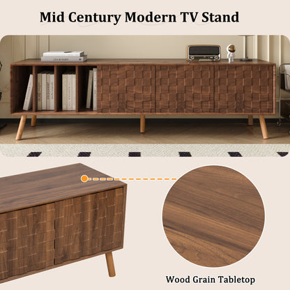 Mid-Century Walnut TV Stand 80" Push-Pop Doors MDF Wood
