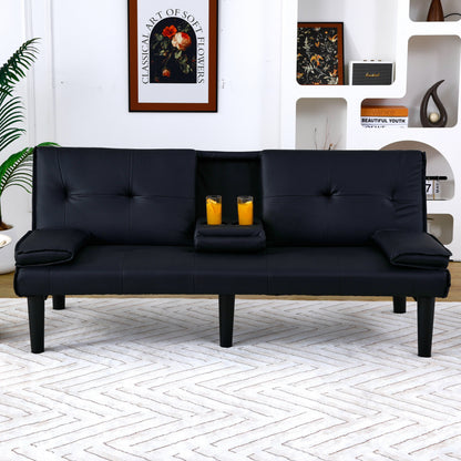 67-inch Black PVC Multi-Functional Sofa Bed with Foldable Design and Cup Holder