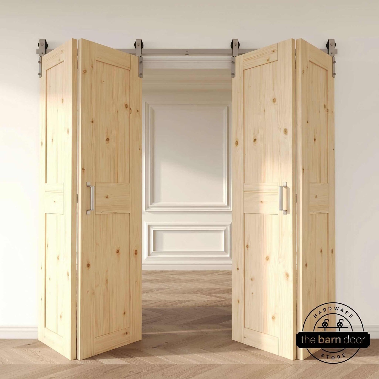 J-Strap Bifold Barn Door Hardware | Brushed Nickel | 4 Door Biparting Kit