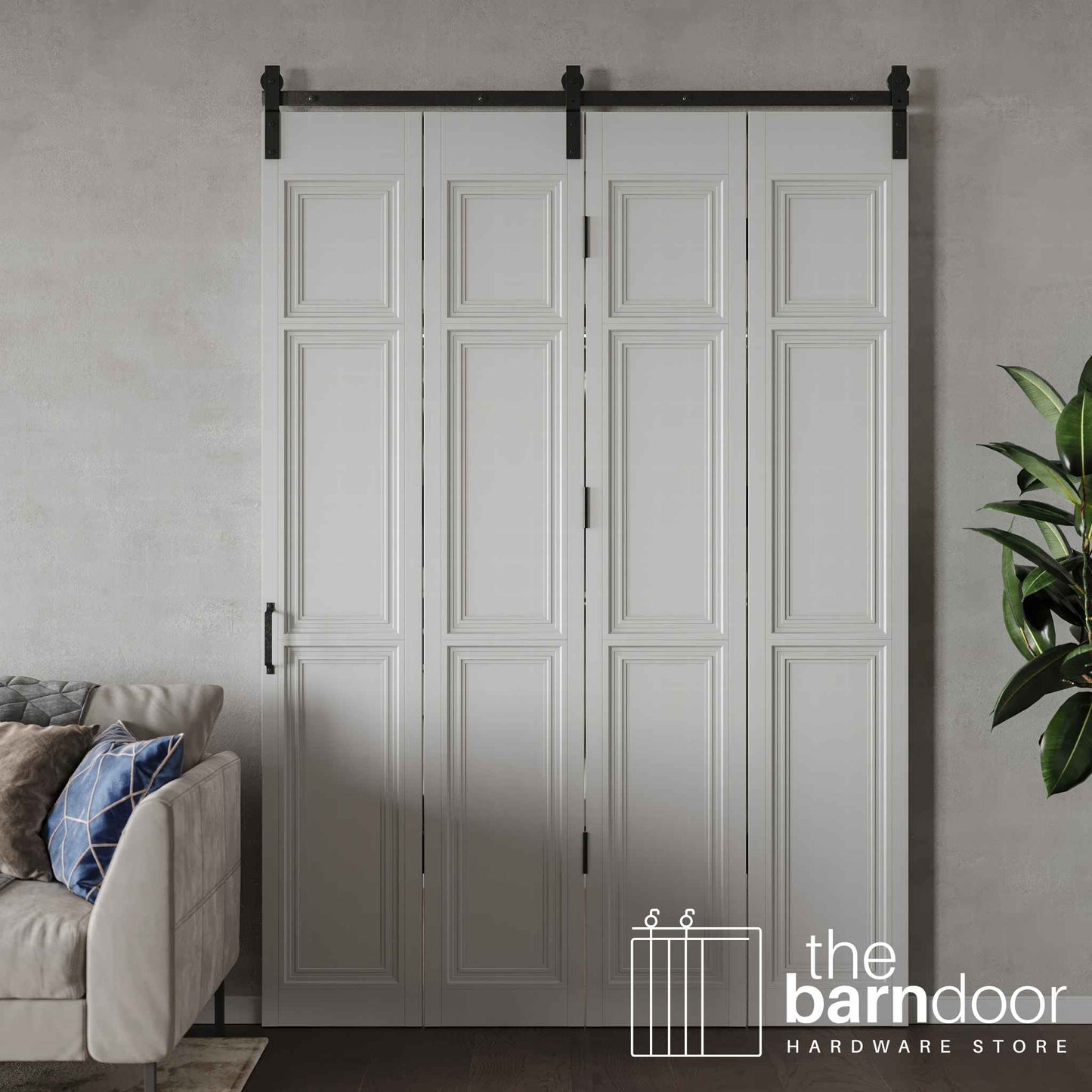 Modern J Top Mount Bifold Barn Door Hardware Kit | 4 Door One Way