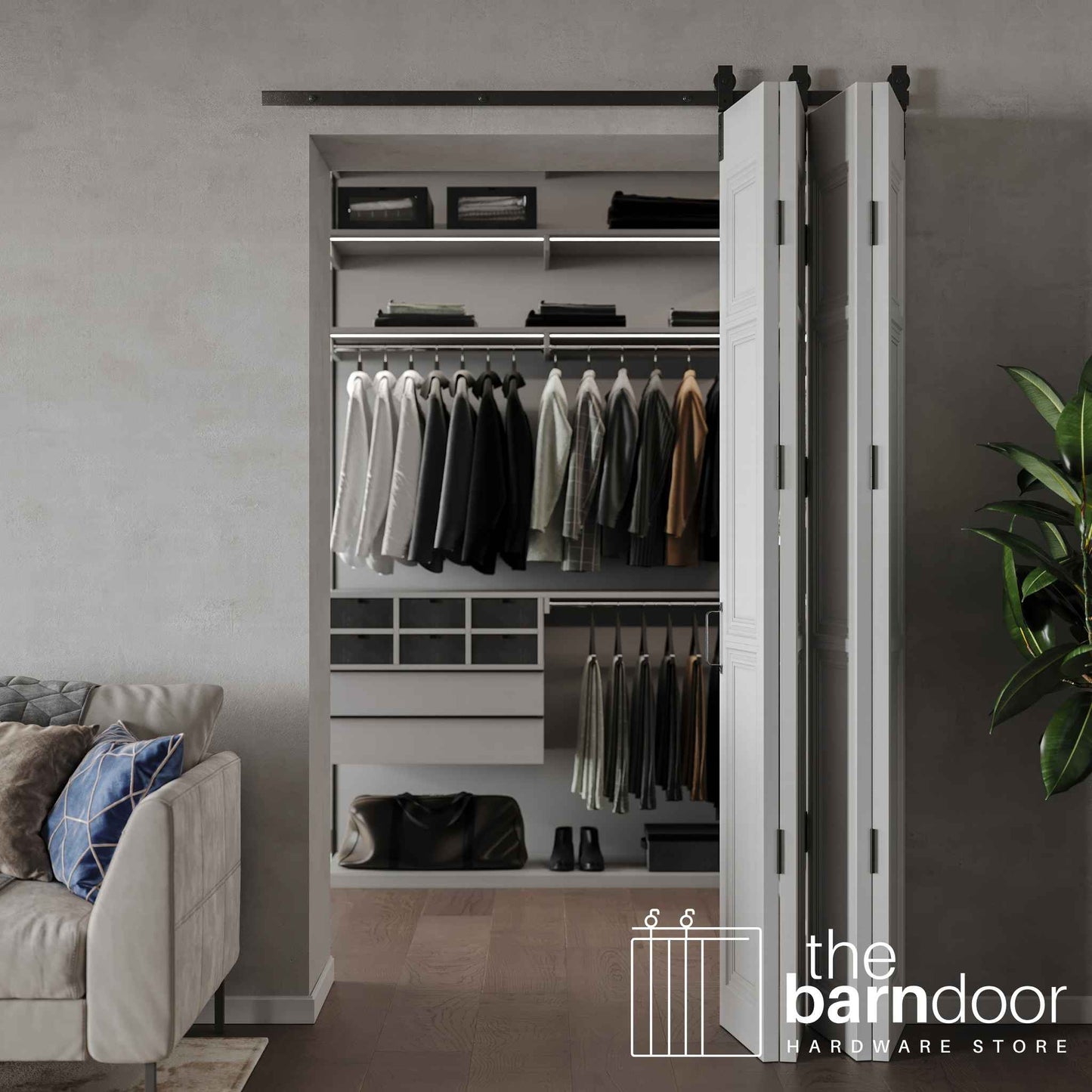 J Top Mount Heavy Duty Bifold Barn Door Hardware Kit | 4 Door One Way
