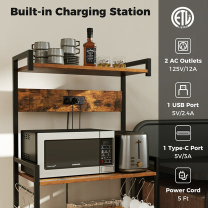 4-Tier Kitchen Bakers Rack with Power Outlet and 8 Hooks-Rustic Brown