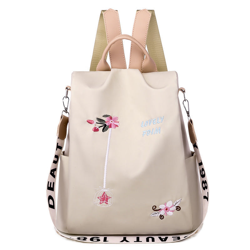 Women's Embroidered Nylon Backpack Waterproof Anti-Theft Large Capacity Bag