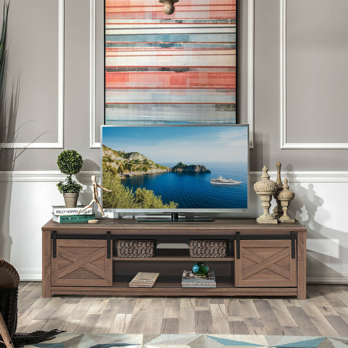 65 Inch Flat Sliding Barn Door TV Stand