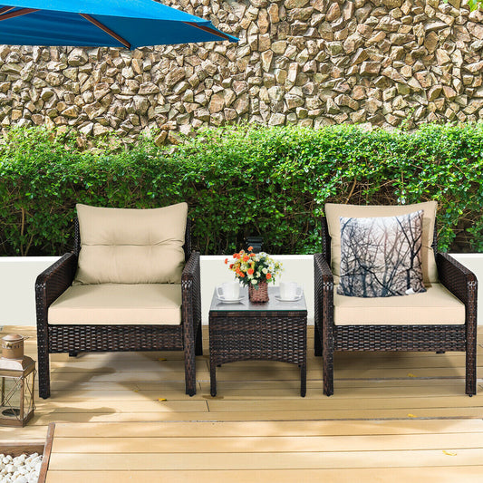 3 Pcs Outdoor Patio Rattan Conversation Set with Seat Cushions-Black