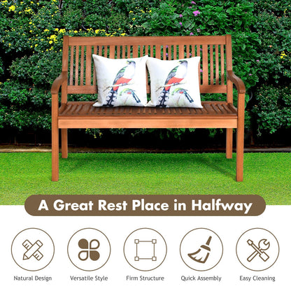 Two Person Solid Wood Garden Bench with Curved Backrest and Wide Armrest
