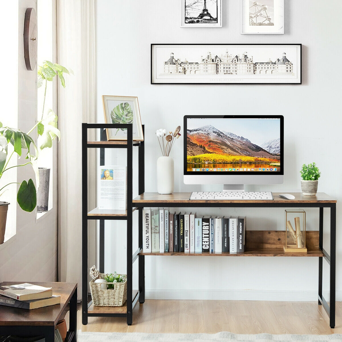59-Inch Computer Desk Home Office Workstation 4-Tier Storage Shelves