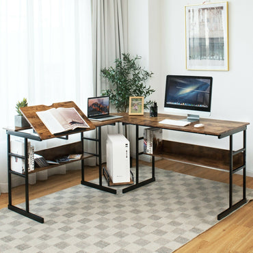 L-Shaped Computer Desk with Tiltable Tabletop