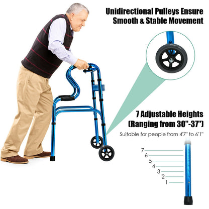 Adjustable Heavy-Duty Folding Walker with Unidirectional Wheels and Bi-Level Armrests-Black