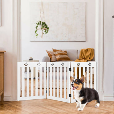 24 Inch Folding Wooden Freestanding Dog Gate with 360¬∞ Flexible Hinge for Pet