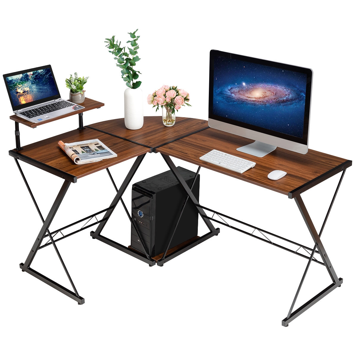 L-Shaped Desk Reversible Corner Computer Desk with Movable Shelf and CPU Stand