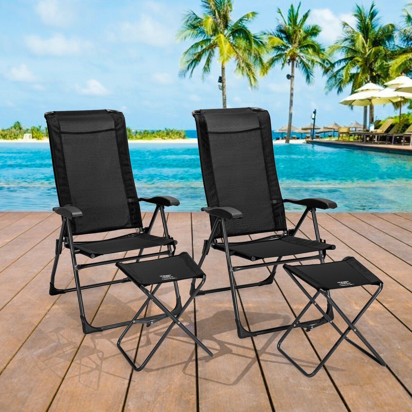 4 Pieces Patio Adjustable Back Folding Dining Chair Ottoman Set