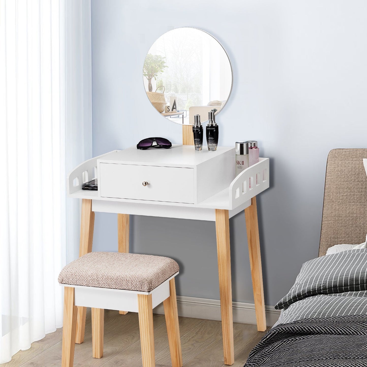 Wooden Makeup Dressing Mirror Table Set with Drawer