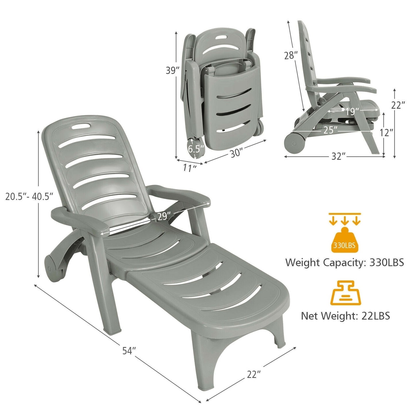 5 Position Adjustable Folding Lounger Chaise Chair
