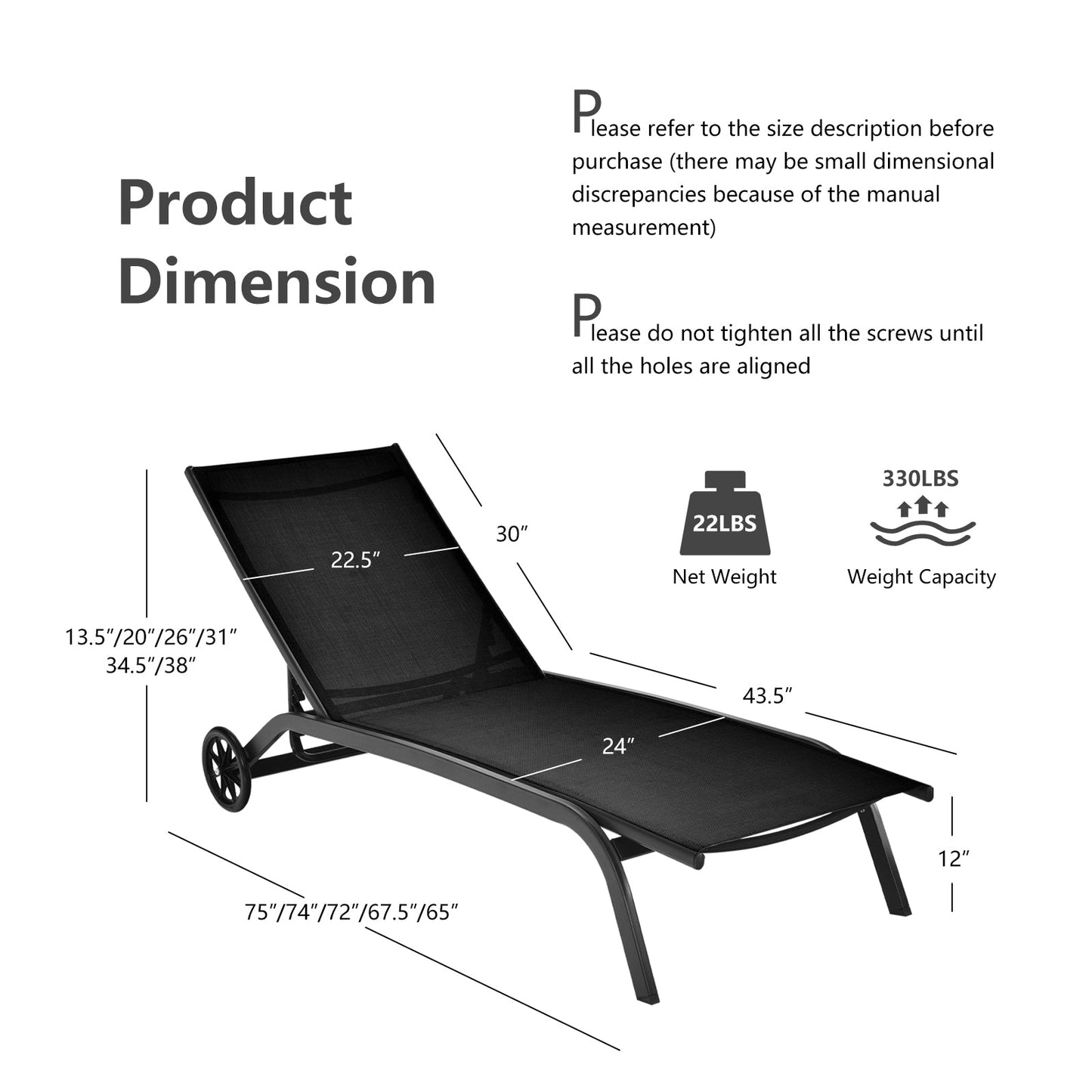 6-Poisition Adjustable Outdoor Chaise Recliner with Wheels