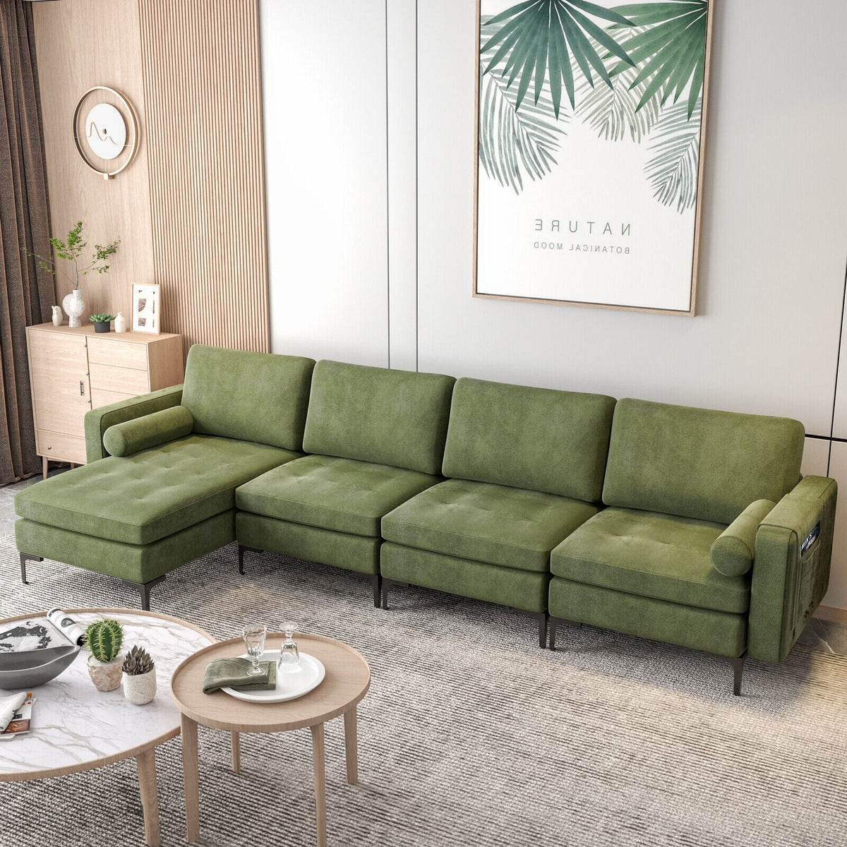 Modular L-shaped 4-Seat Sectional Sofa with Reversible Chaise and 2 USB Socket