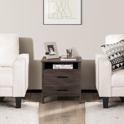 Modern Wood Grain Nightstand with Cable Hole and Open Compartment