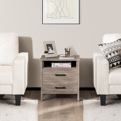 Modern Wood Grain Nightstand with Cable Hole and Open Compartment