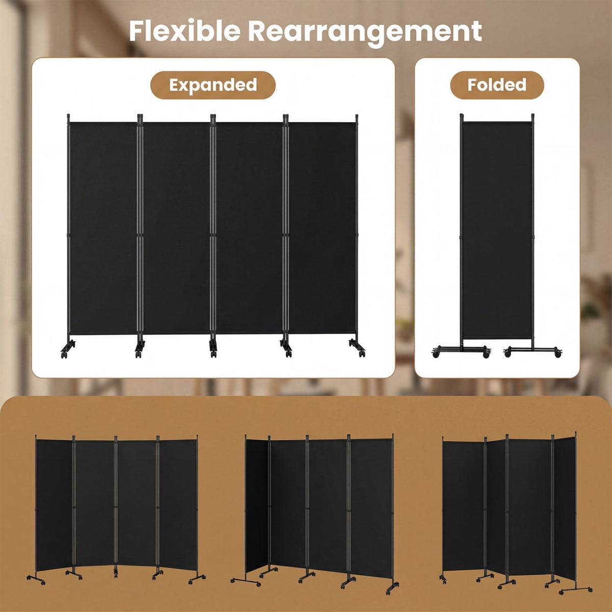 4-Panel Room Divider with Lockable Wheels - 87" x 68"