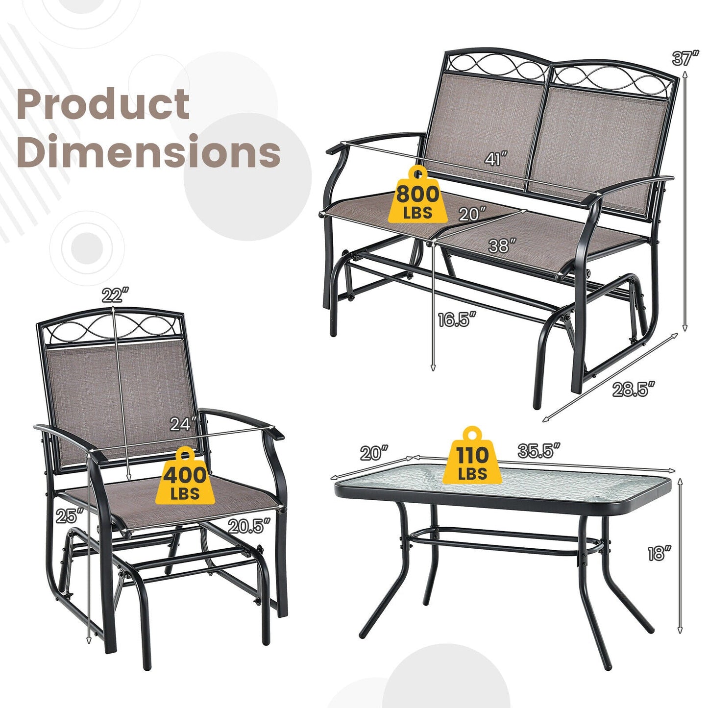 4 Piece Patio Glider Conversation Set with Tempered Glass Table Top-Brown