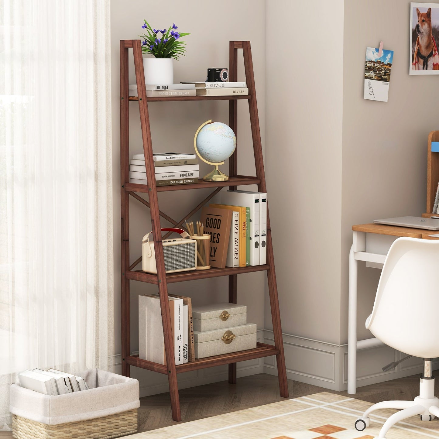 4-Tier Bamboo Ladder Bookshelf 58 Inch - Walnut