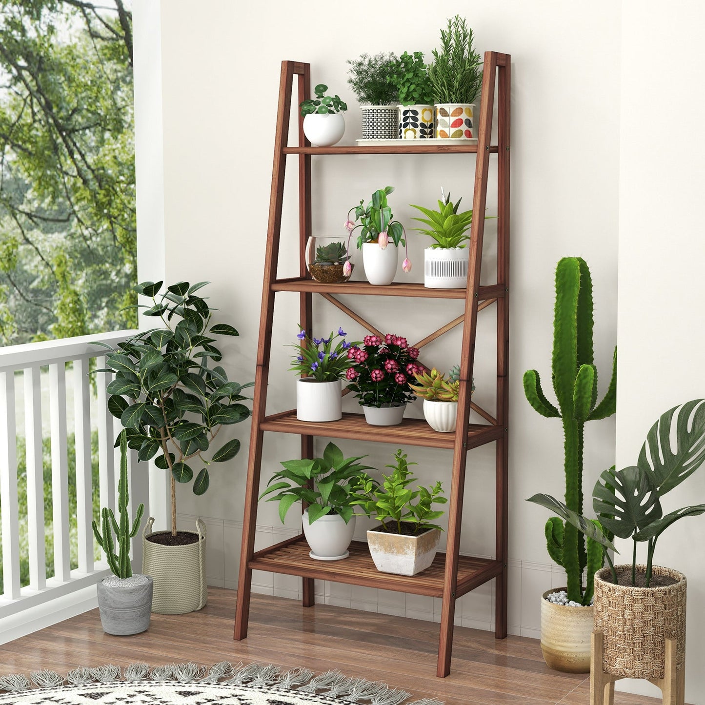 4-Tier Bamboo Ladder Bookshelf 58 Inch - Walnut