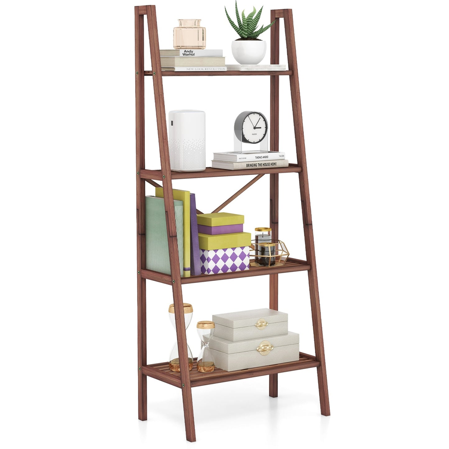 4-Tier Bamboo Ladder Bookshelf 58 Inch - Walnut