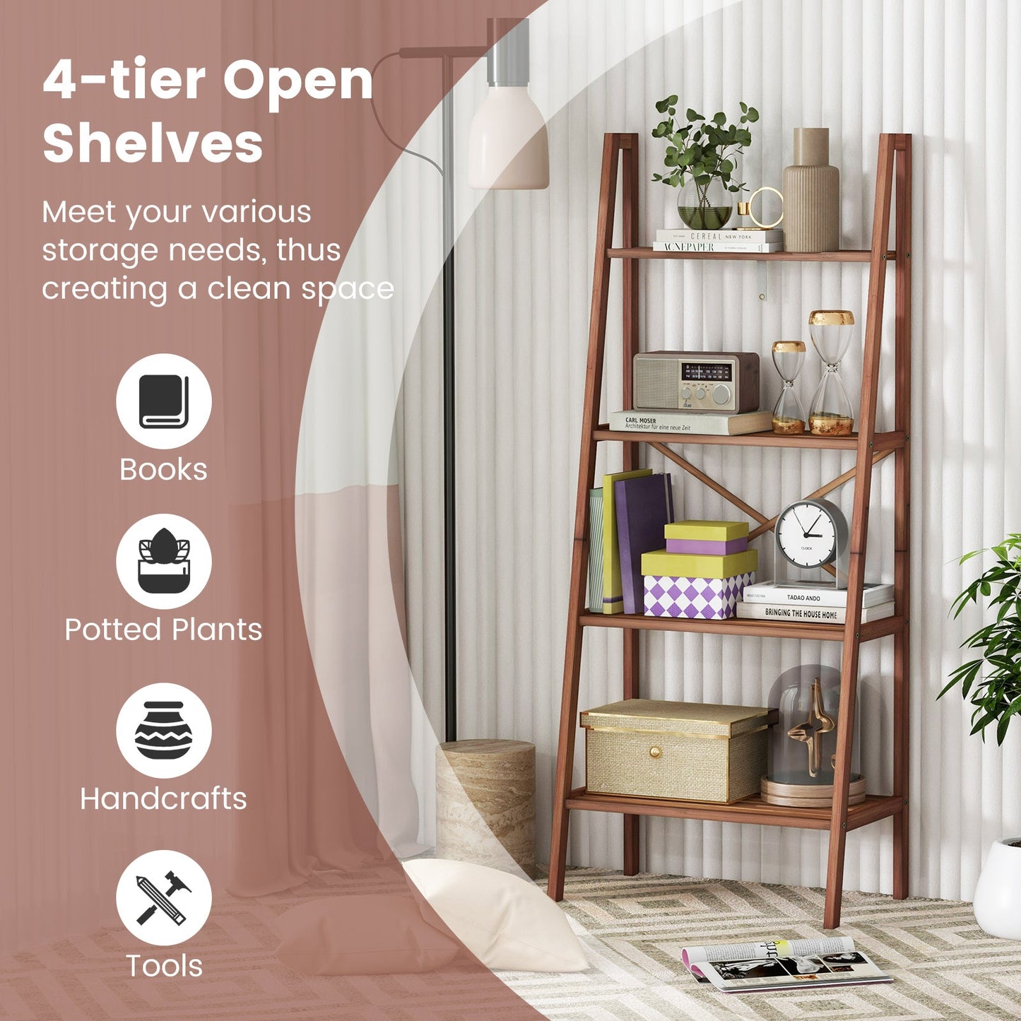 4-Tier Bamboo Ladder Bookshelf 58 Inch - Walnut