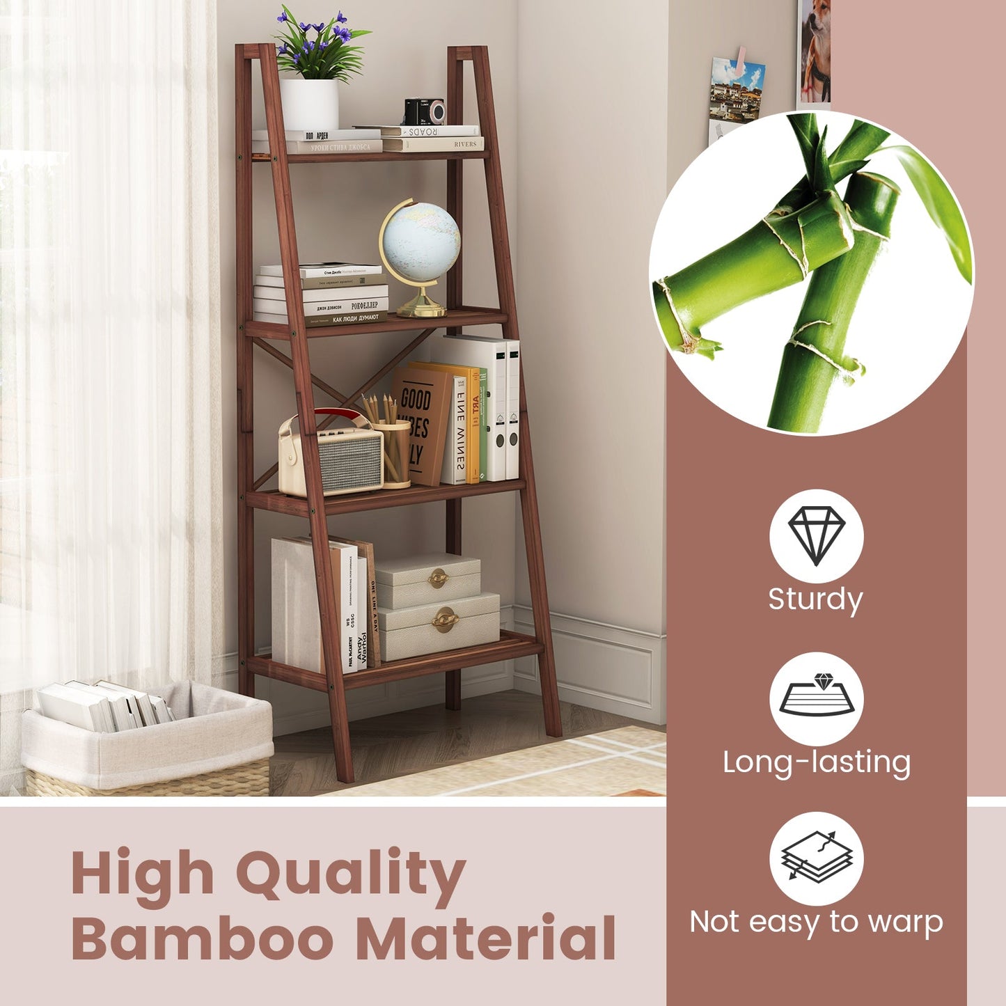 4-Tier Bamboo Ladder Bookshelf 58 Inch - Walnut