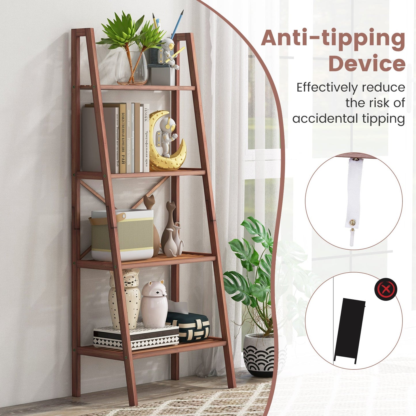 4-Tier Bamboo Ladder Bookshelf 58 Inch - Walnut