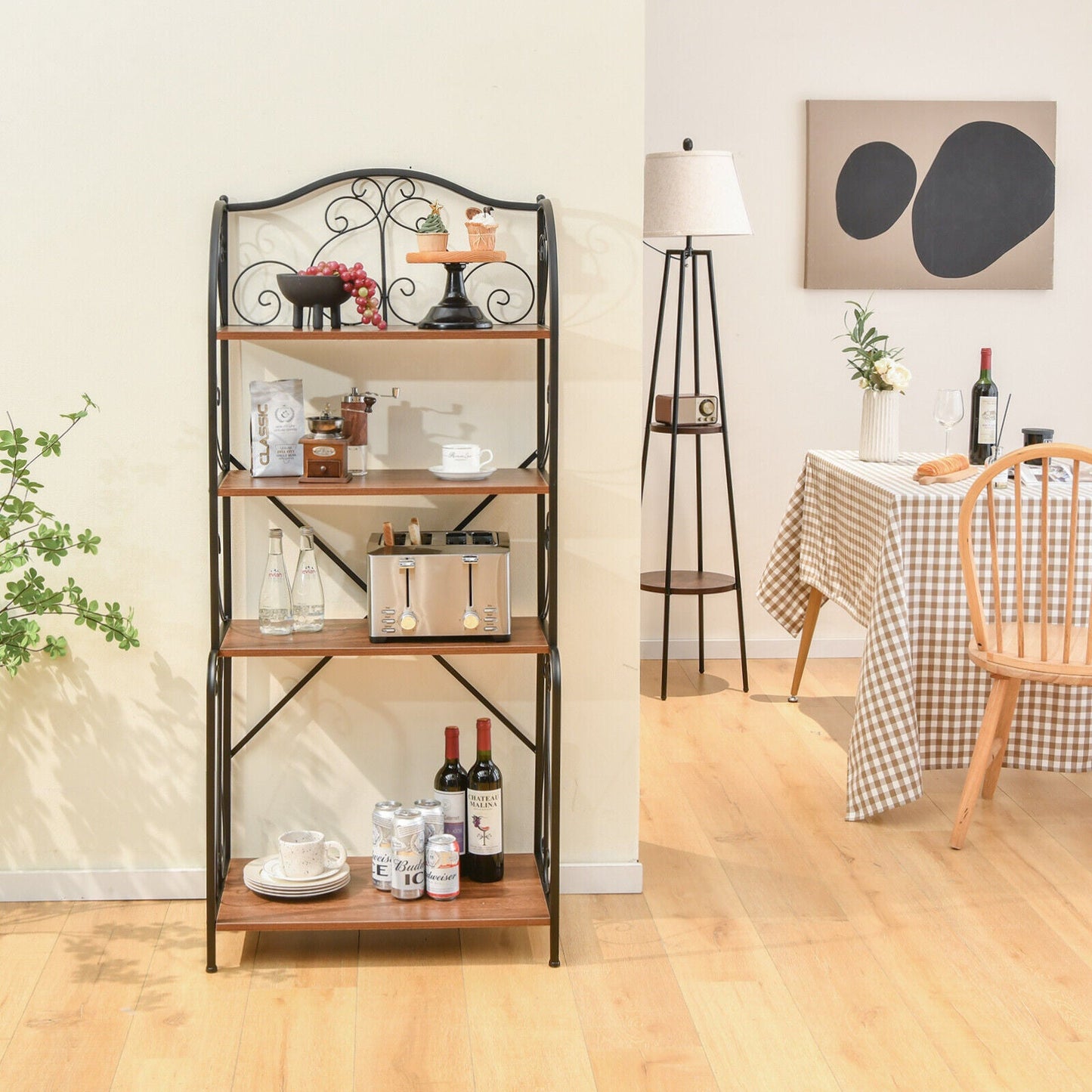 4-Tier Industrial Kitchen Baker's Rack with Open Shelves and X-Bar
