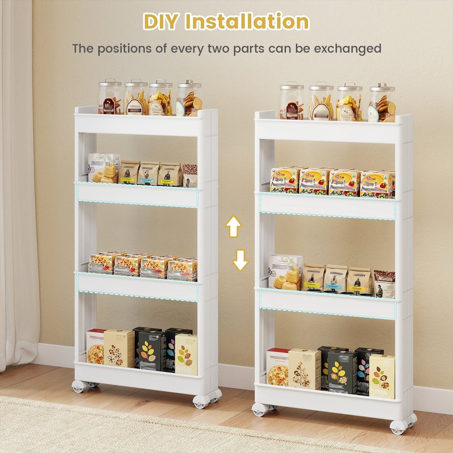 4-Tier Multifunctional Slim Storage Trolley with Detachable Trays-White