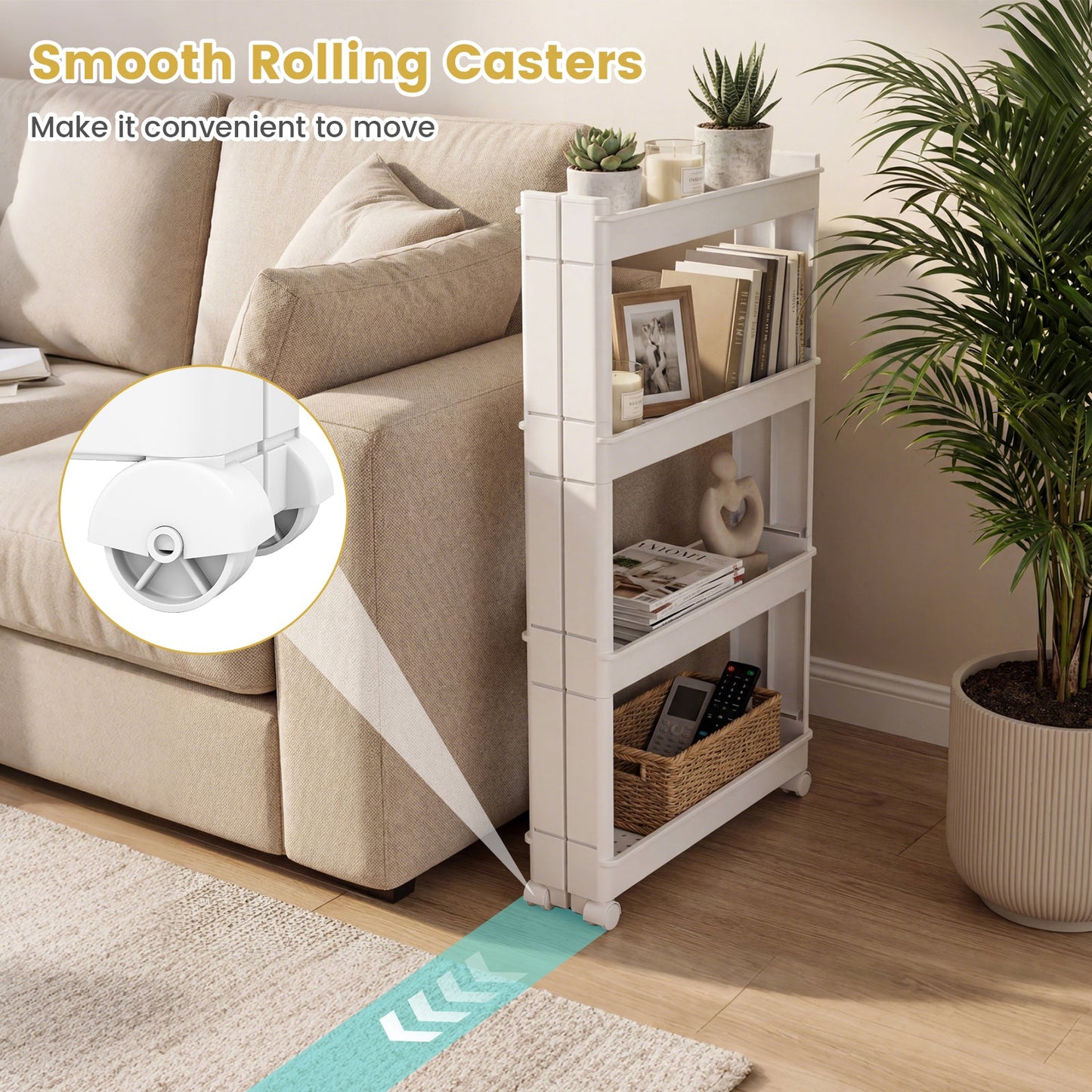 4-Tier Multifunctional Slim Storage Trolley with Detachable Trays-White