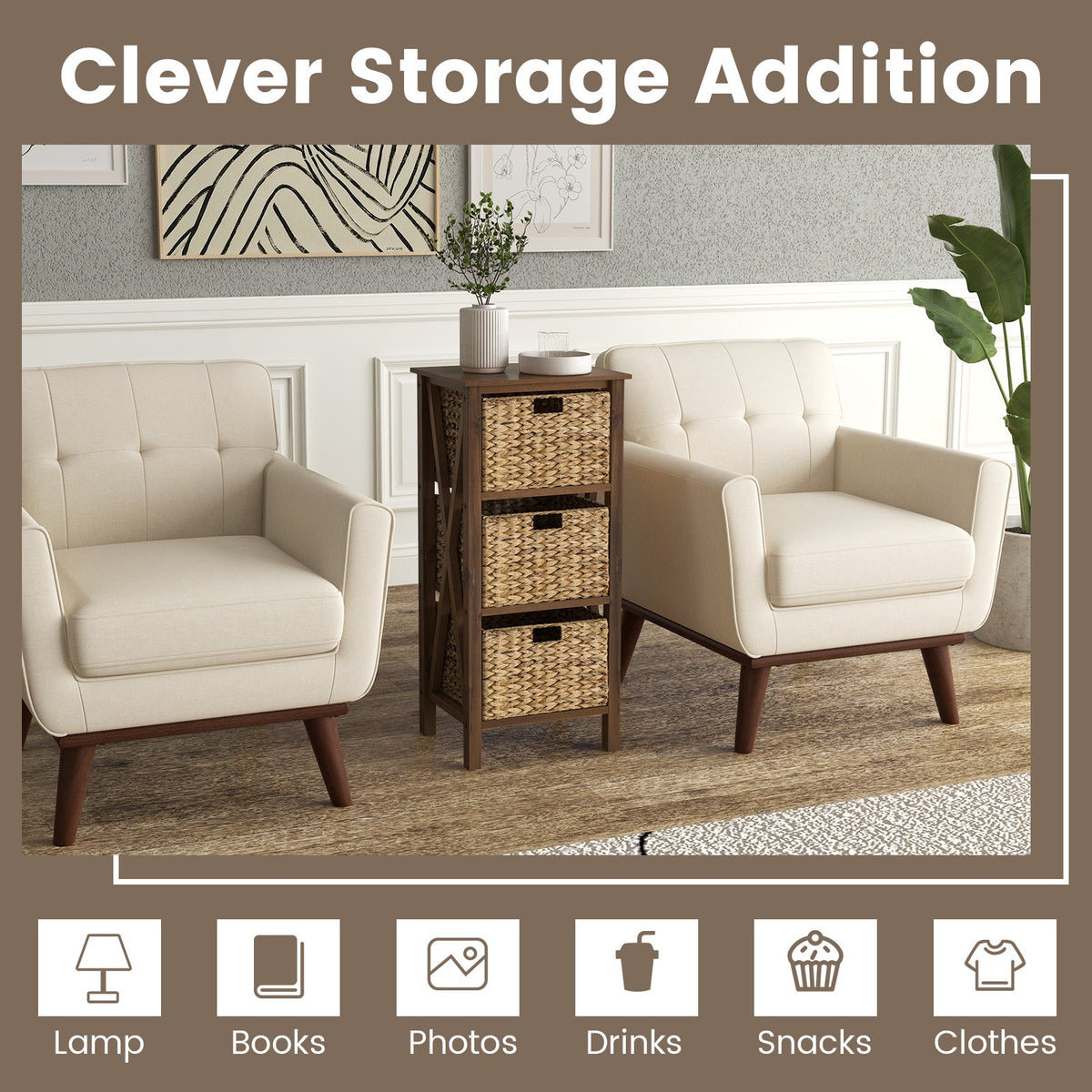 3/4-Tier Nightstand with 2 Seagrass Baskets Narrow X-Design-3