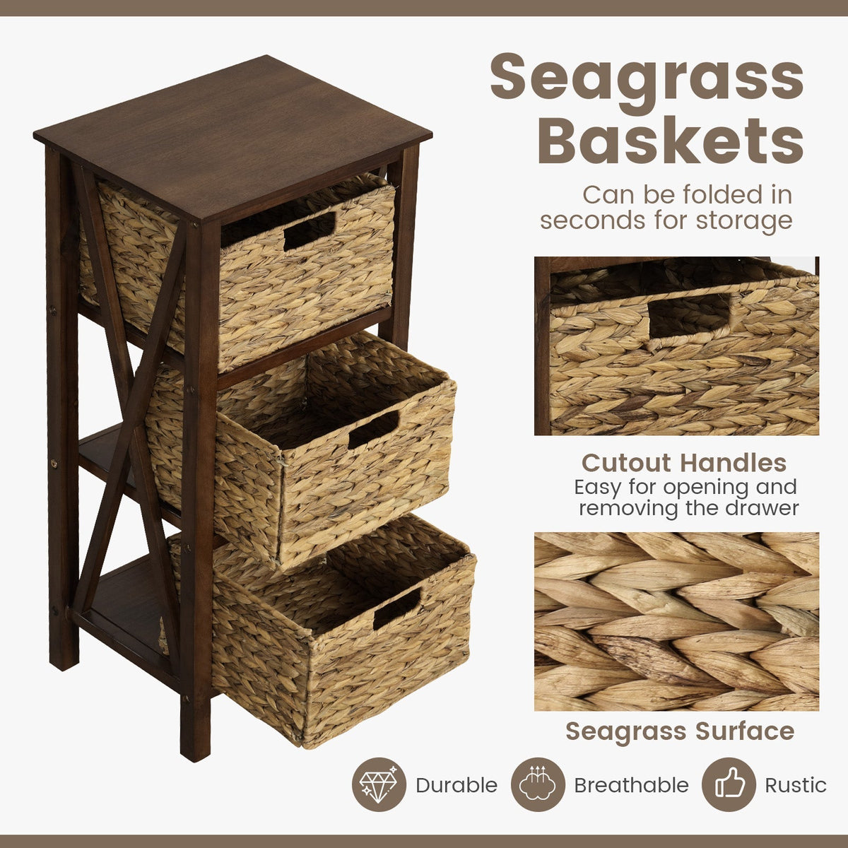 3/4-Tier Nightstand with 2 Seagrass Baskets Narrow X-Design-3