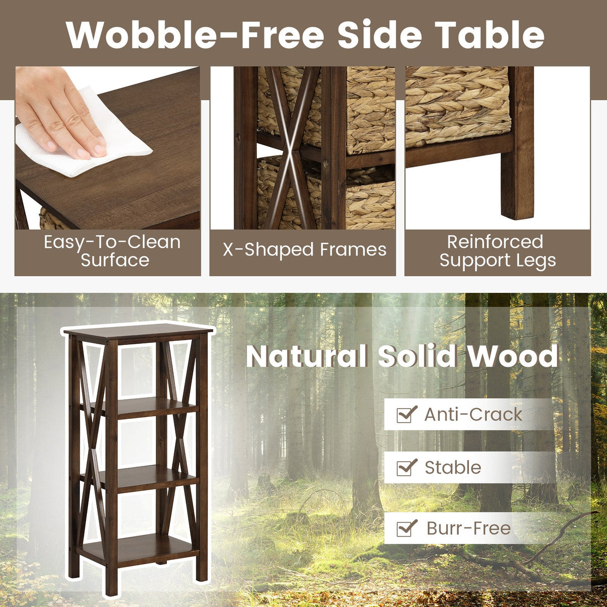 3/4-Tier Nightstand with 2 Seagrass Baskets Narrow X-Design-3