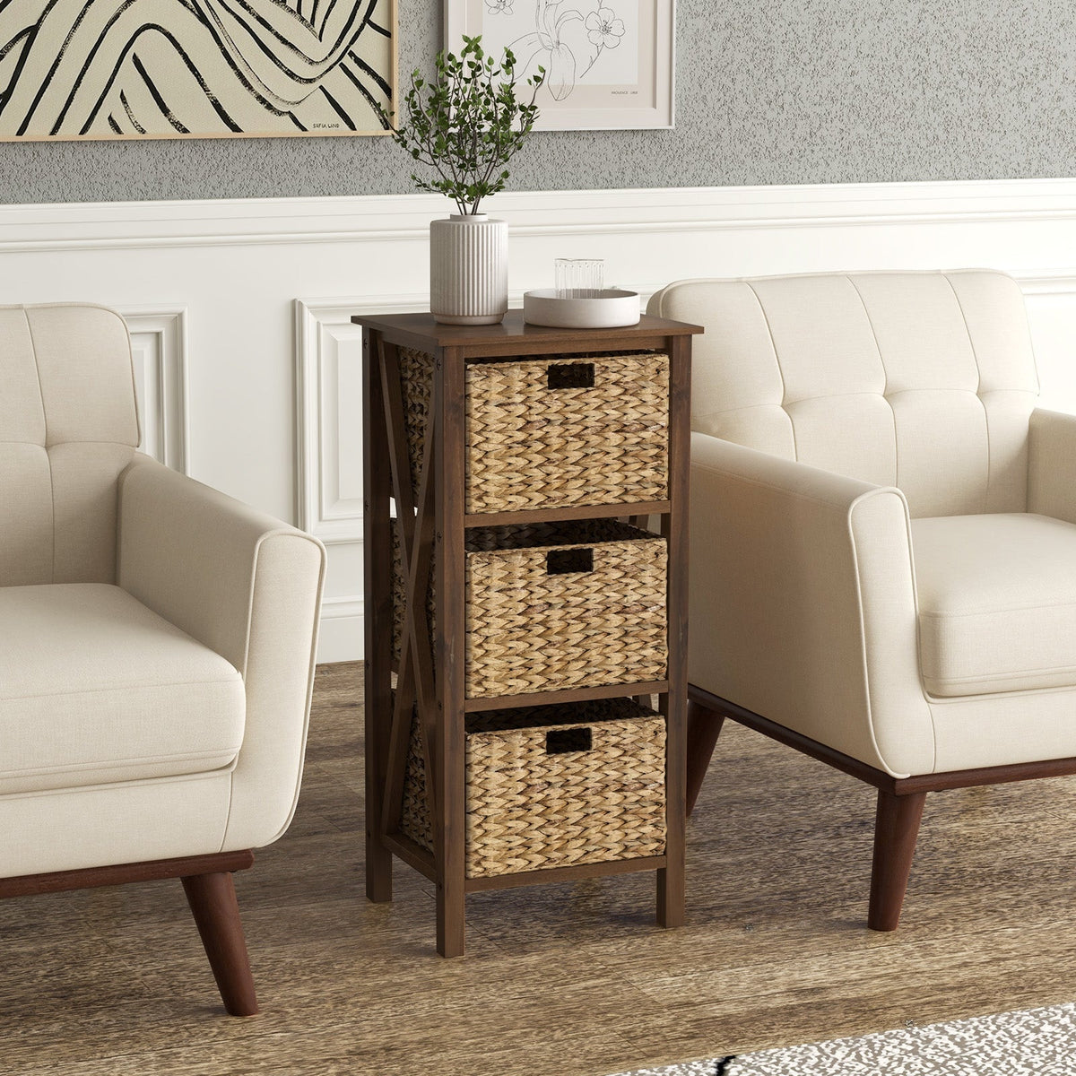 3/4-Tier Nightstand with 2 Seagrass Baskets Narrow X-Design-3