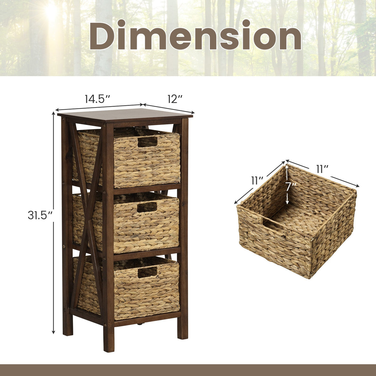 3/4-Tier Nightstand with 2 Seagrass Baskets Narrow X-Design-3