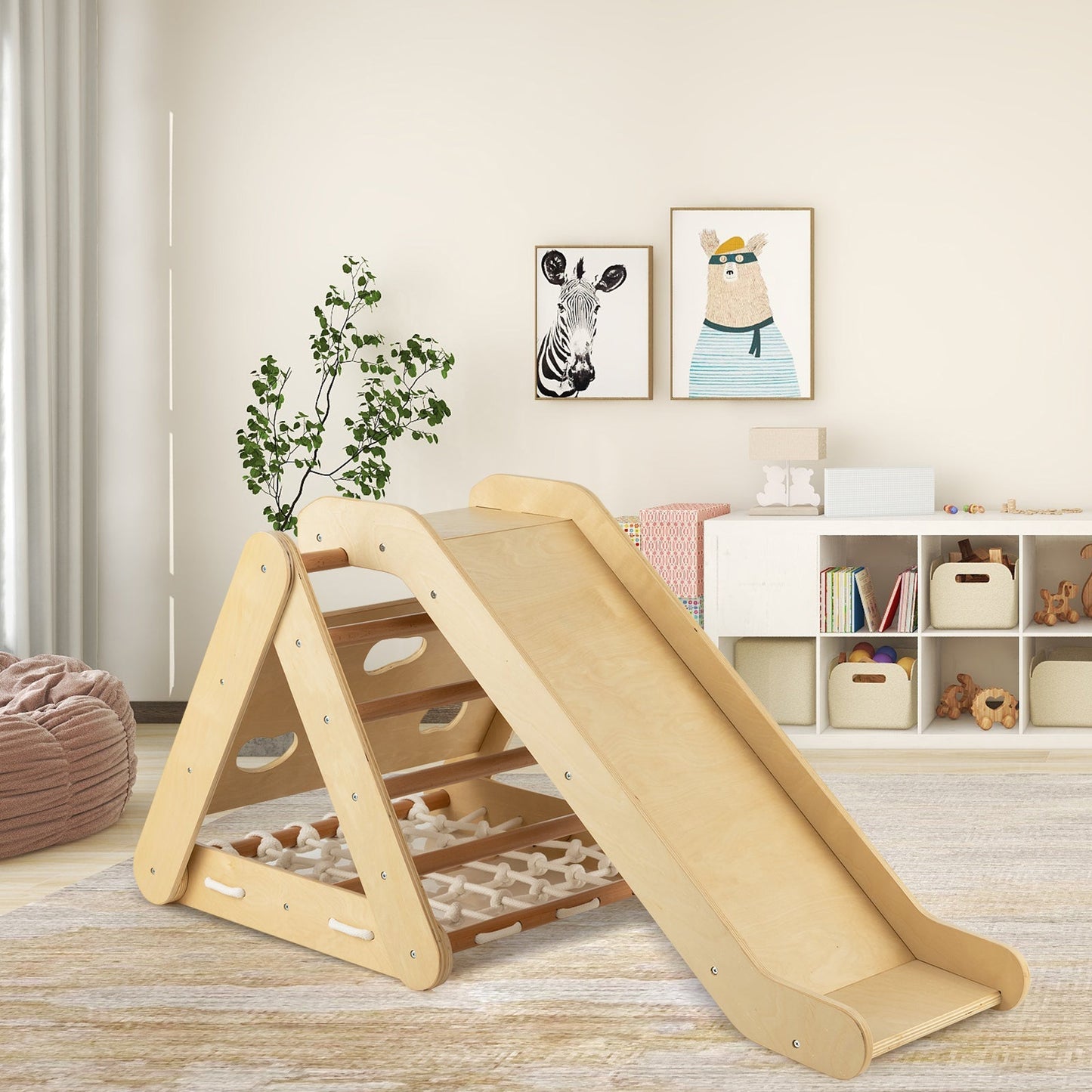 4 in 1 Triangle Climber Toy with Sliding Board and Climbing Net-Natural