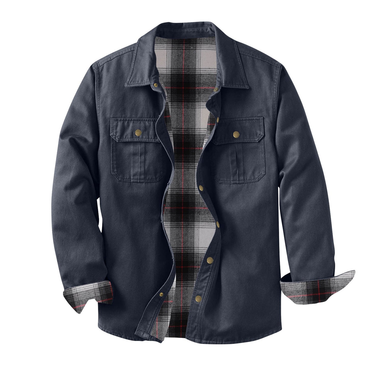 Washed Canvas Work Jacket With A Plaid Lining, Durable And Warm