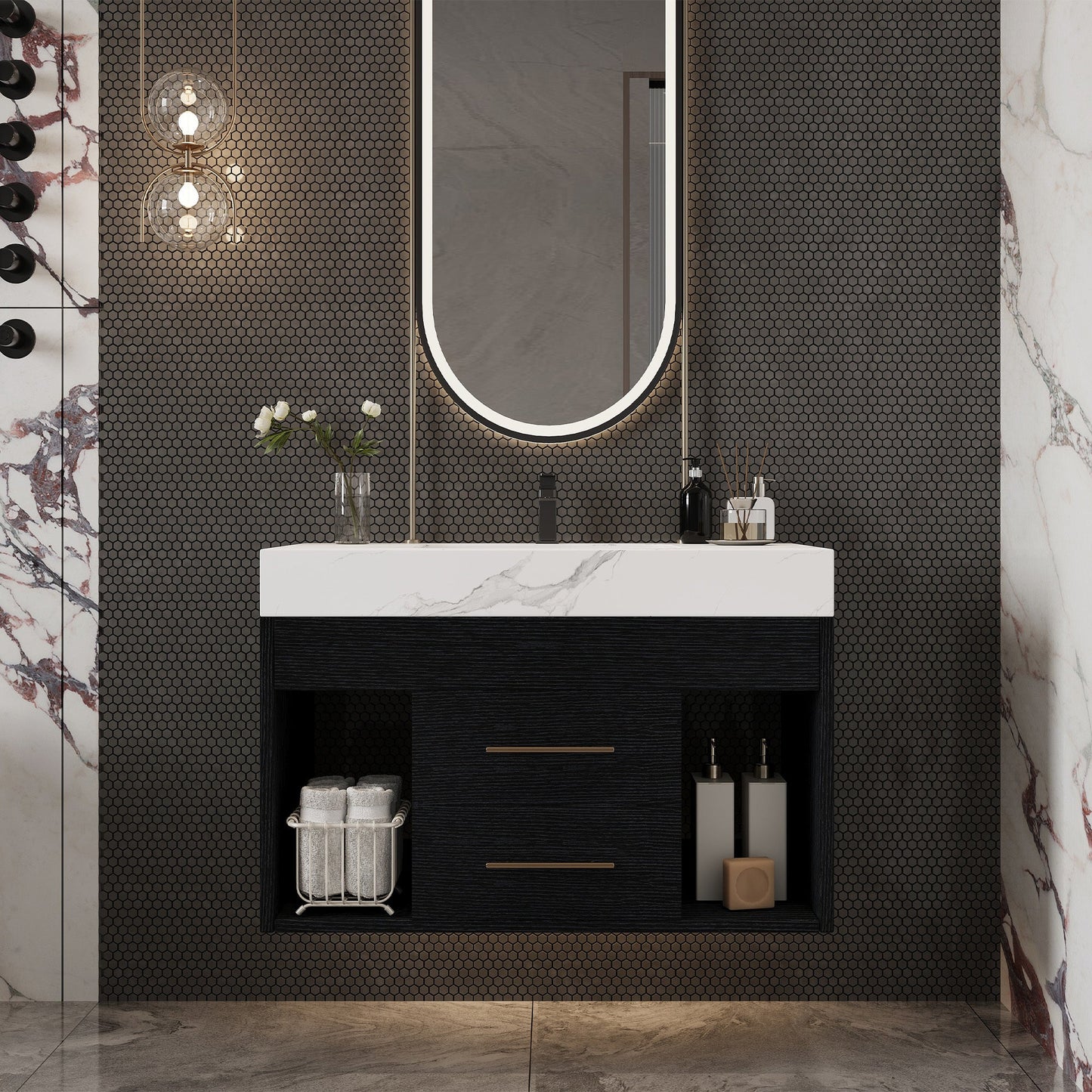 29.9' Modern Floating Bathroom Vanity with Sintered Stone Top Ceramic Undermo...