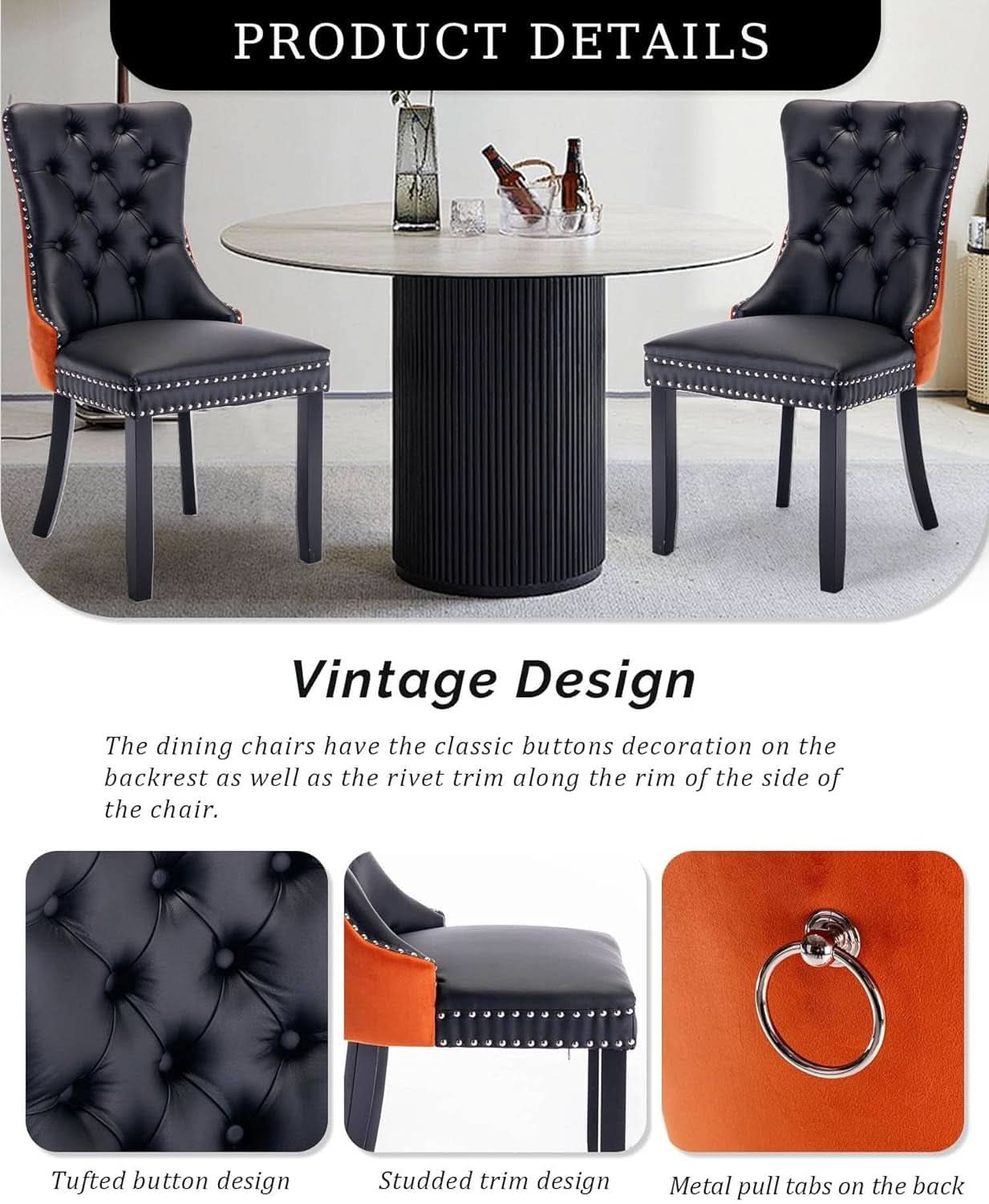 Leather Dining Chair Set Of 2 Tufted Black And Orange